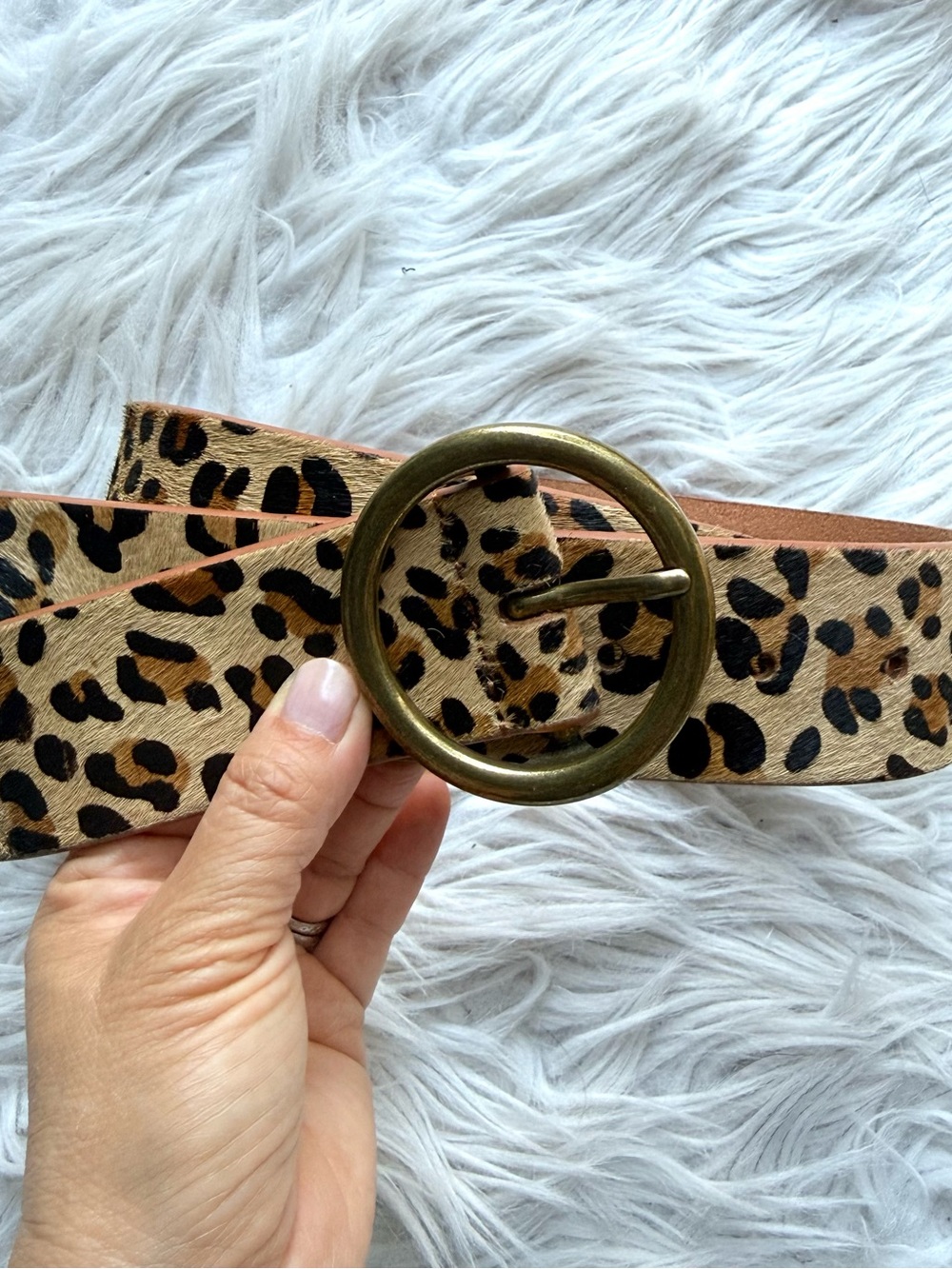 Genuine Leather Leopard Print Hair On Hide Belt Round Brass Buckle Size Medium